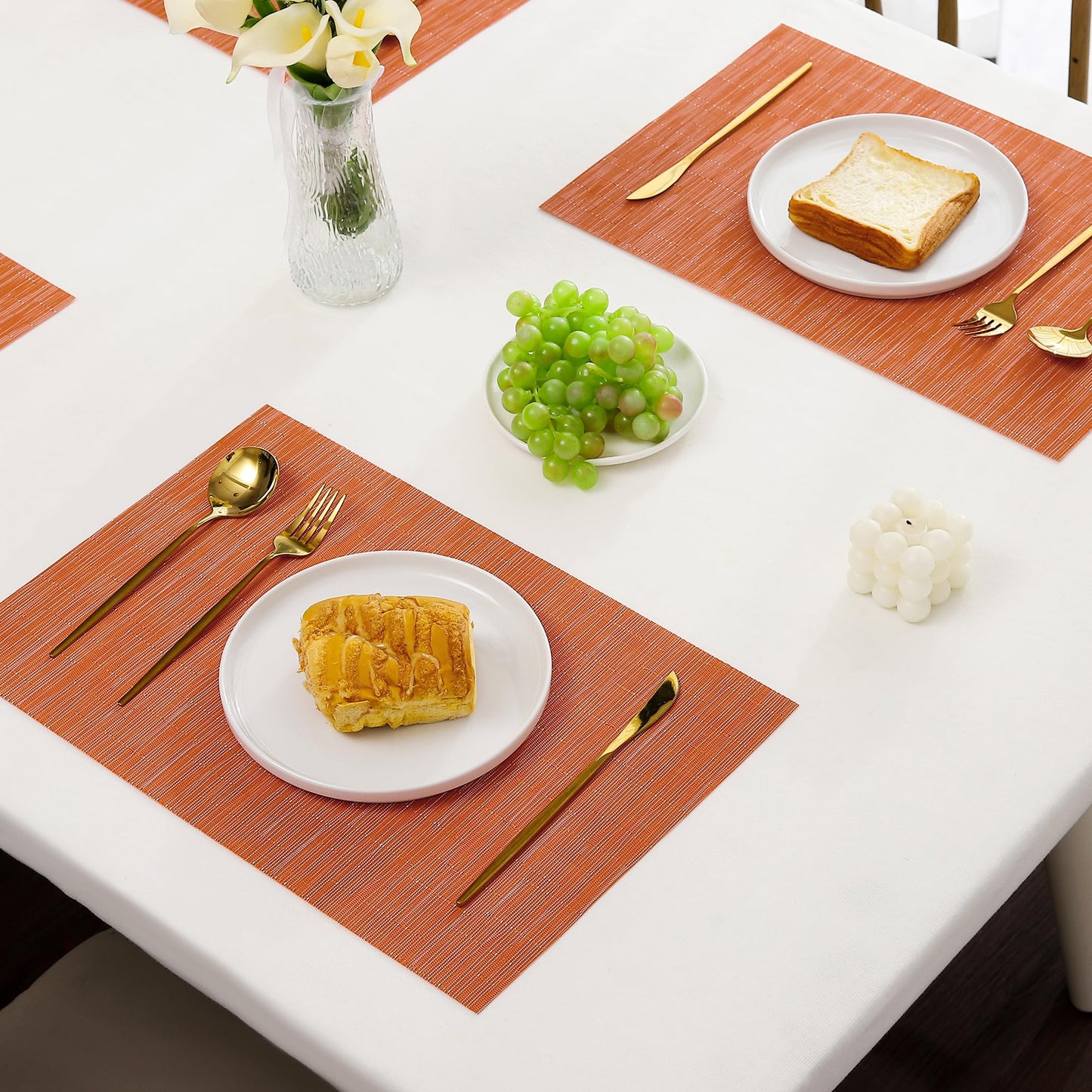 Leetaltree Orange Placemats Set of 12 - Heat Resistant Non-Slip Place mats for Dining Table, Washable Durable PVC Vinyl Woven Table Mats（Orange, 12）