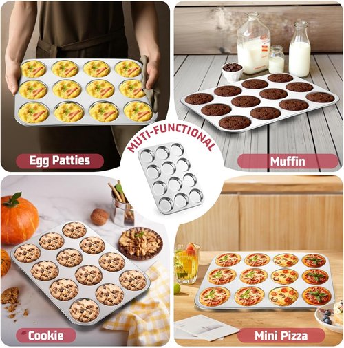 E-far Stainless Steel Muffin Top Pan - 12-Cavity Non-Toxic Bakeware for Yorkshire Pudding & More