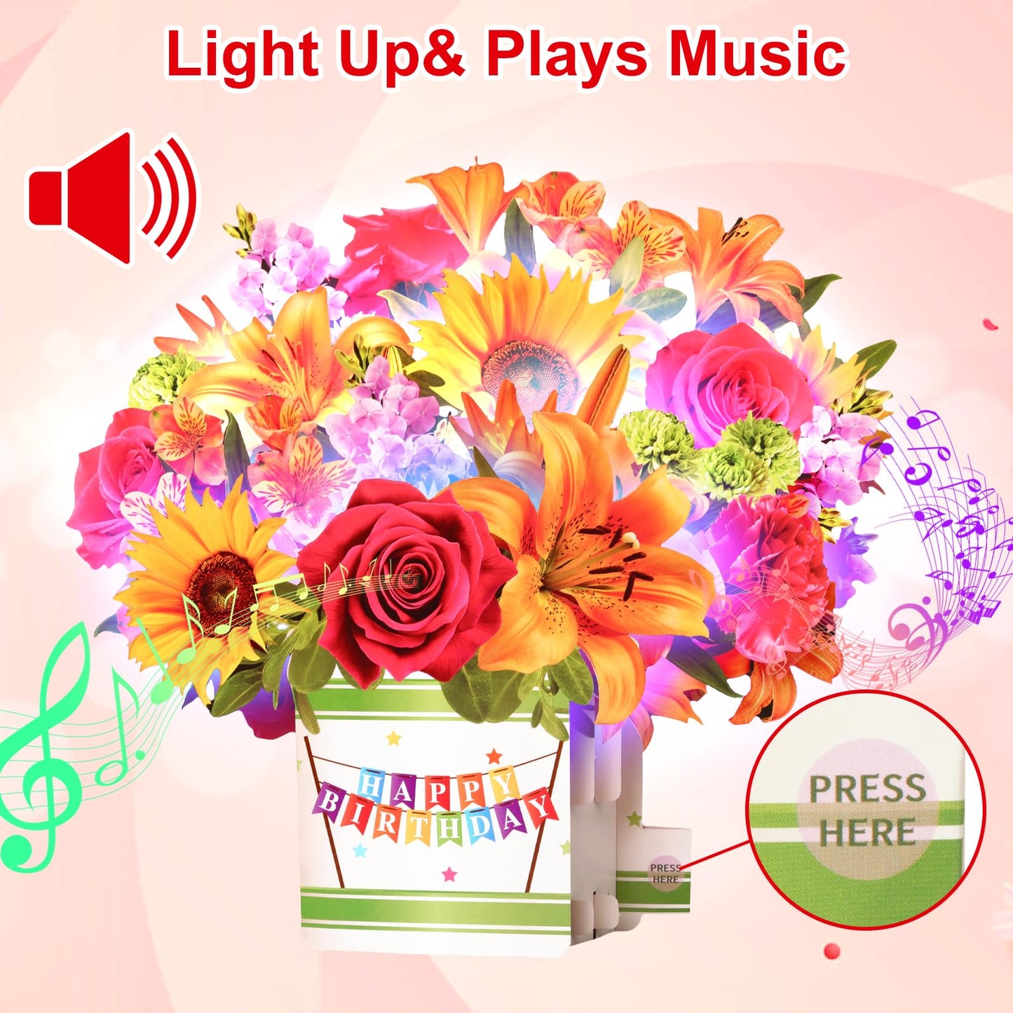Yinqing Birthday Cards, 3D Popup Birthday Card for Women, Music and Light 10Inch Forever Sunflower Bouquet for Women Mom Wife Daughter Sister(Blank Notecard & Envelope)