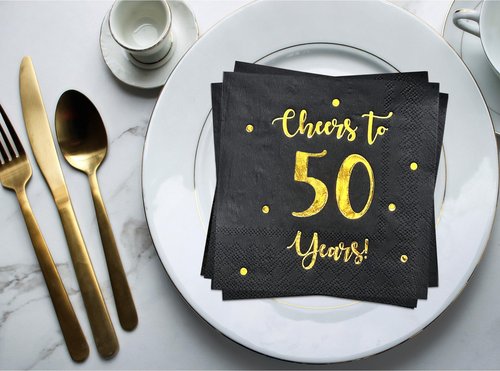 Cheers to 50 Years Cocktail Napkins | Happy 50th Birthday Decorations for Men and Women and Wedding Anniversary Party Decorations | 50-Pack 3-Ply Napkins | 5 x 5 inch folded (Black)