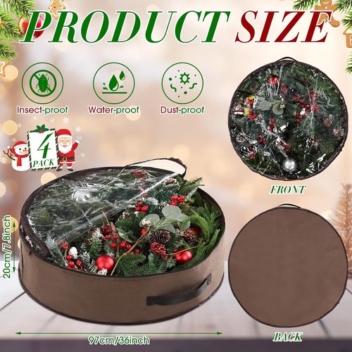 4 Pack Wreath Storage Container - 36 Inch Christmas Wreath Box with Clear Window & Handles | Durable Oxford Cloth