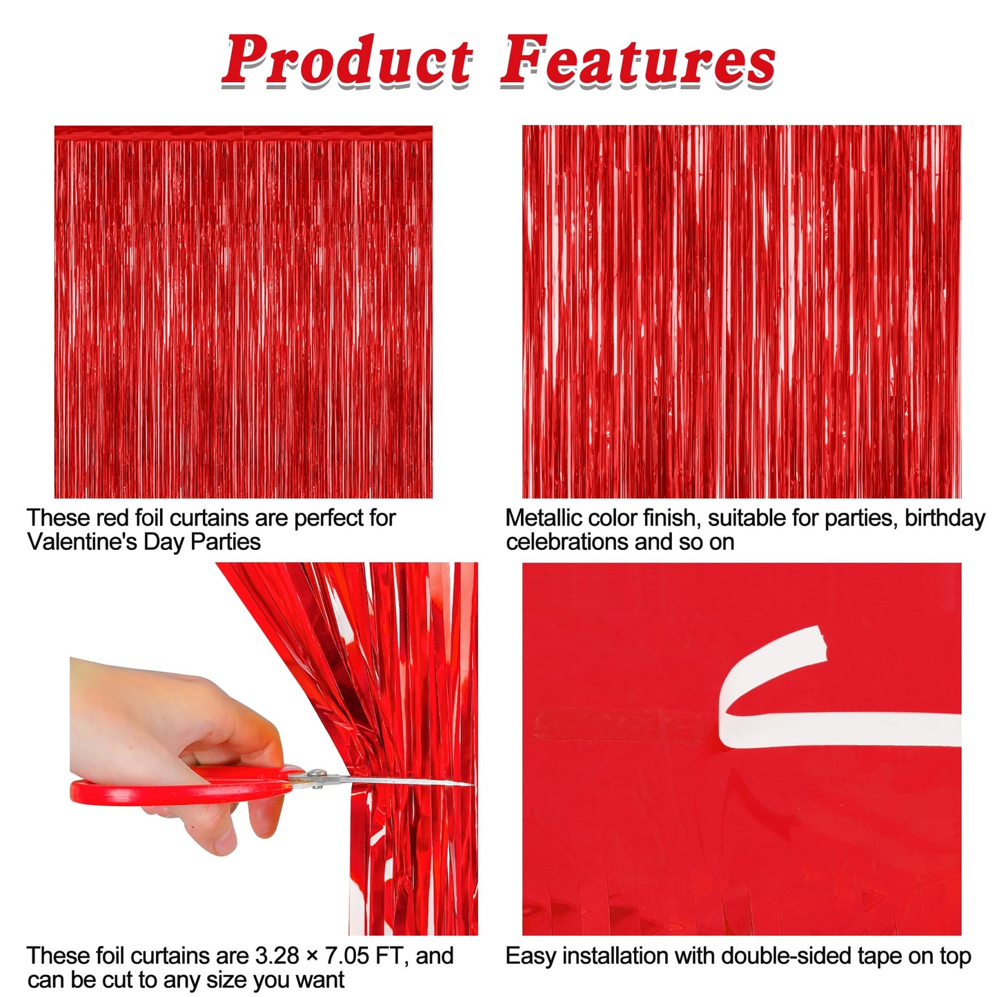 12 Pack Red Curtains, 3.28 FT x 7.05 FT Party Streamer, Metallic Party Backdrop Valentines Day Streamer Foil Curtains, Fringe Tinsel for Red Party Decor Casino Theme Decorations Party Supplies