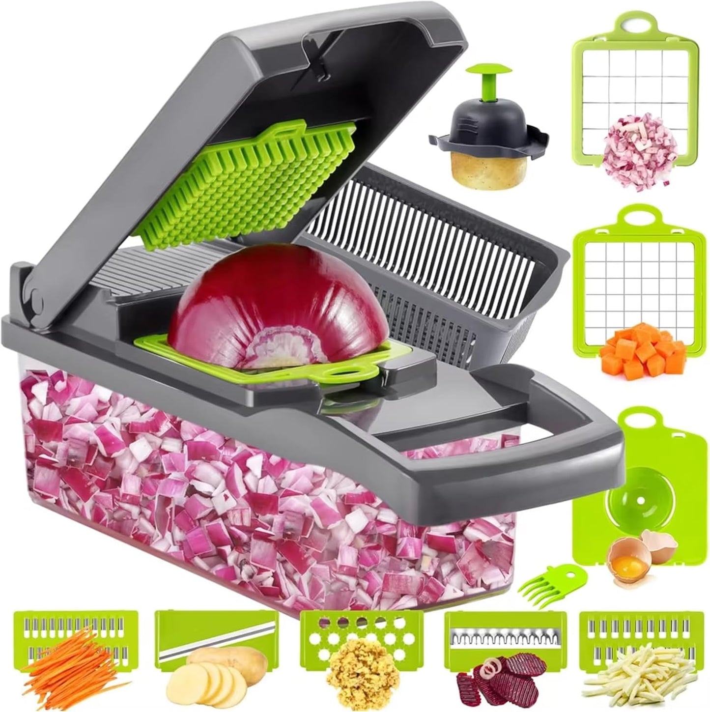 Vegetable Chopper - Skiennix 16-in-1 Food Slicer with 8 Stainless Steel Blades & Storage Container