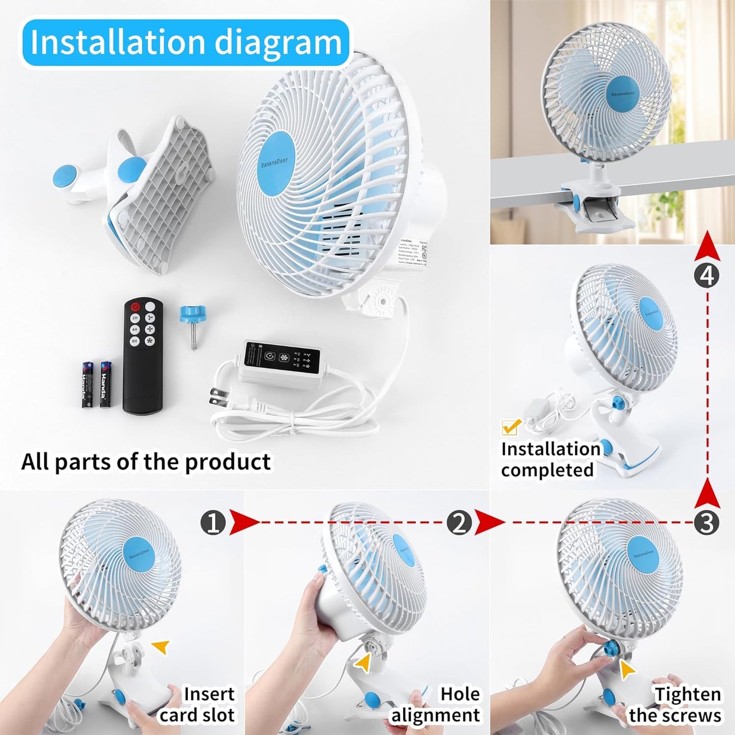 Skiennix 9-Inch Oscillating Clip-On Fan - Remote Control, Adjustable Tilt, 3 Speeds | Perfect for Home & Office