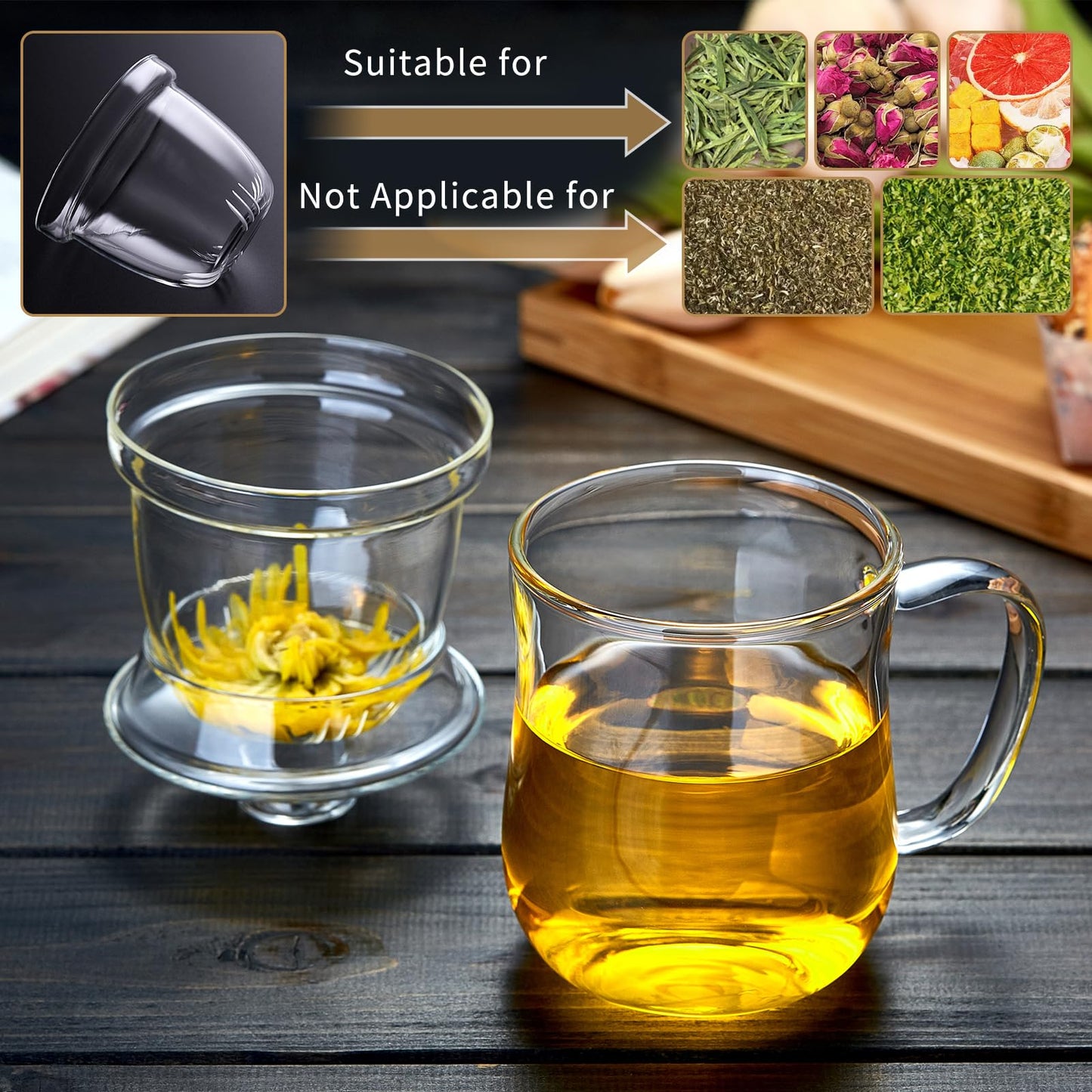 DOPUDO Glass Tea Cup with Infuser and Lid, 12oz/350ml Large Borosilicate Teacup, Clear Mug for Loose Leaf Tea, Birthday Gift for Tea Lover