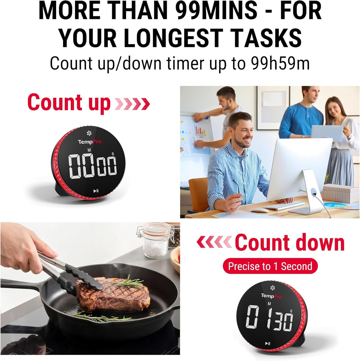 TempPro Digital Kitchen Timer - 99-Hour Countdown with Strong Magnet & Large LED Display | 3 Volume Levels