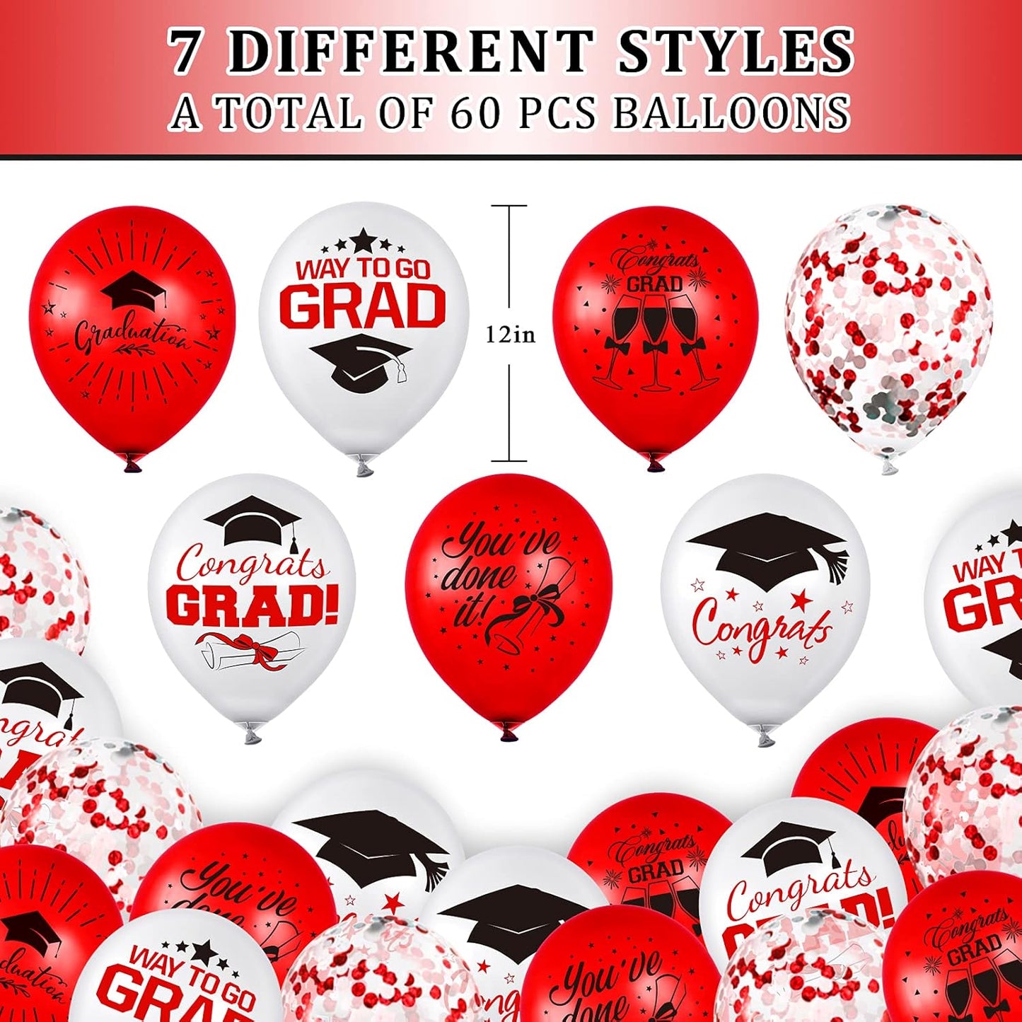 Whaline Graduation Party Balloons Set - 60 Pcs with Confetti & Grad Cap Designs | Red & White