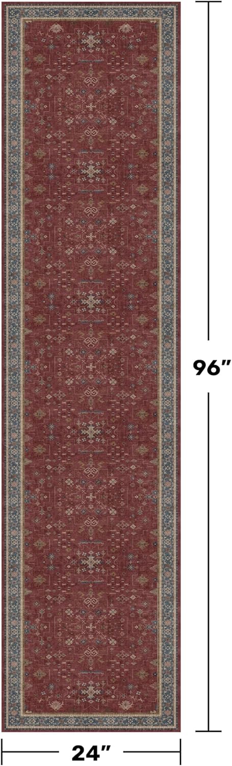 Skiennix Red 2x8 Long Hallway Runner Rug - Boho Washable Non-Skid Indoor Mat | Vintage Floral Design