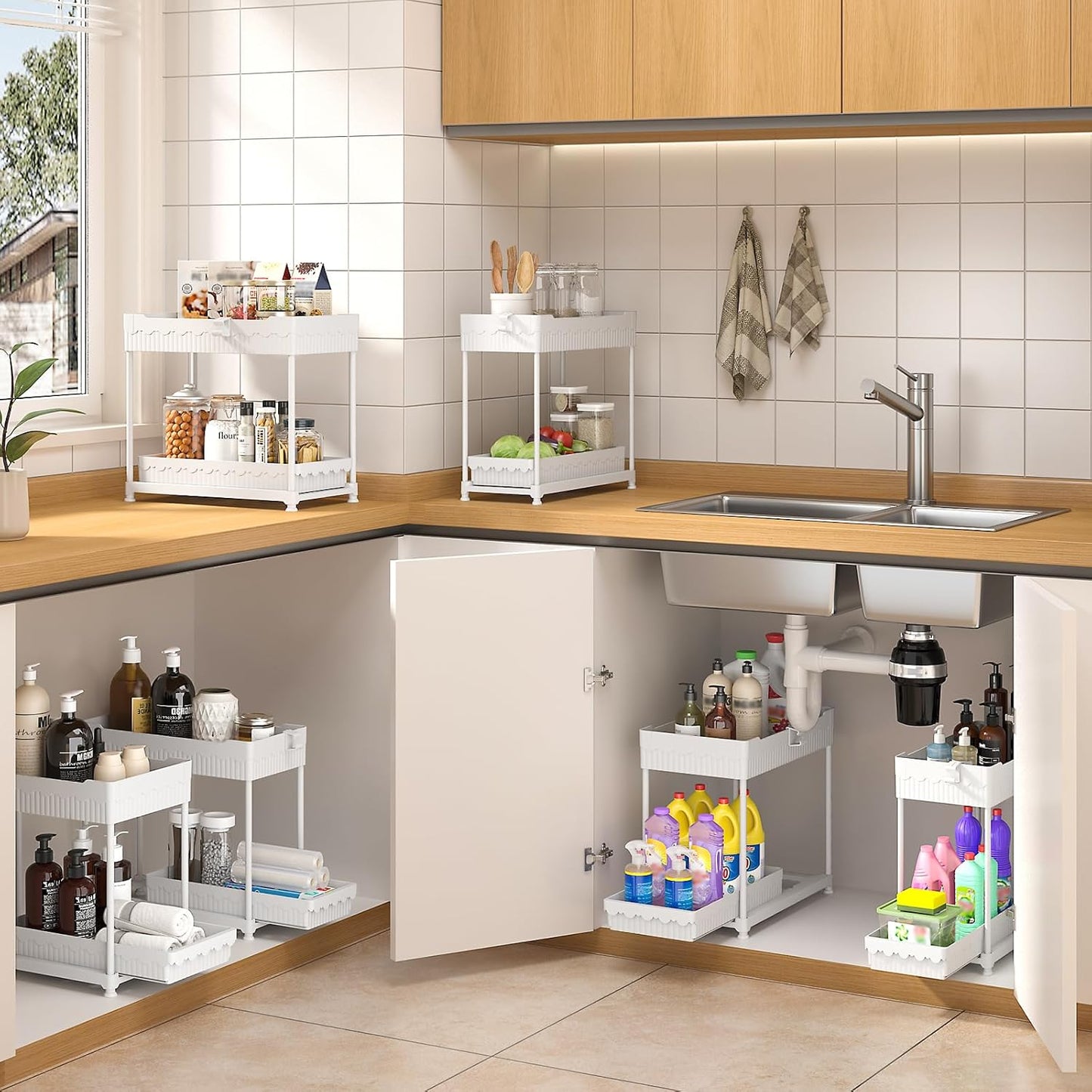 Sevenblue Under Sink Organizers - 2-Tier Kitchen & Bathroom Storage with Sliding Drawers | White, 14.8 Inch