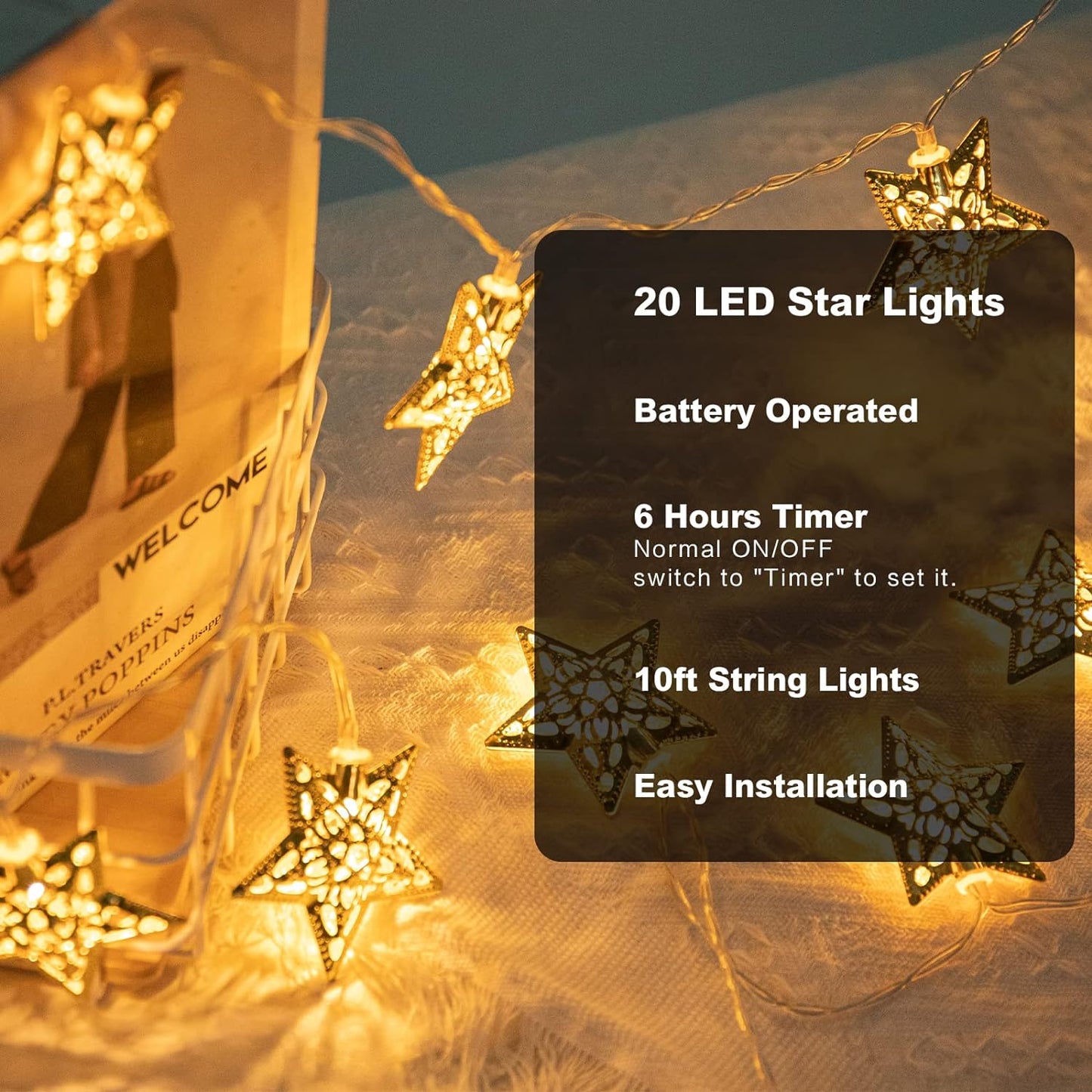 Vigdur 10Ft Star String Lights - 20 LED Fairy Lights with Timer | Battery Operated Ramadan Home Decor
