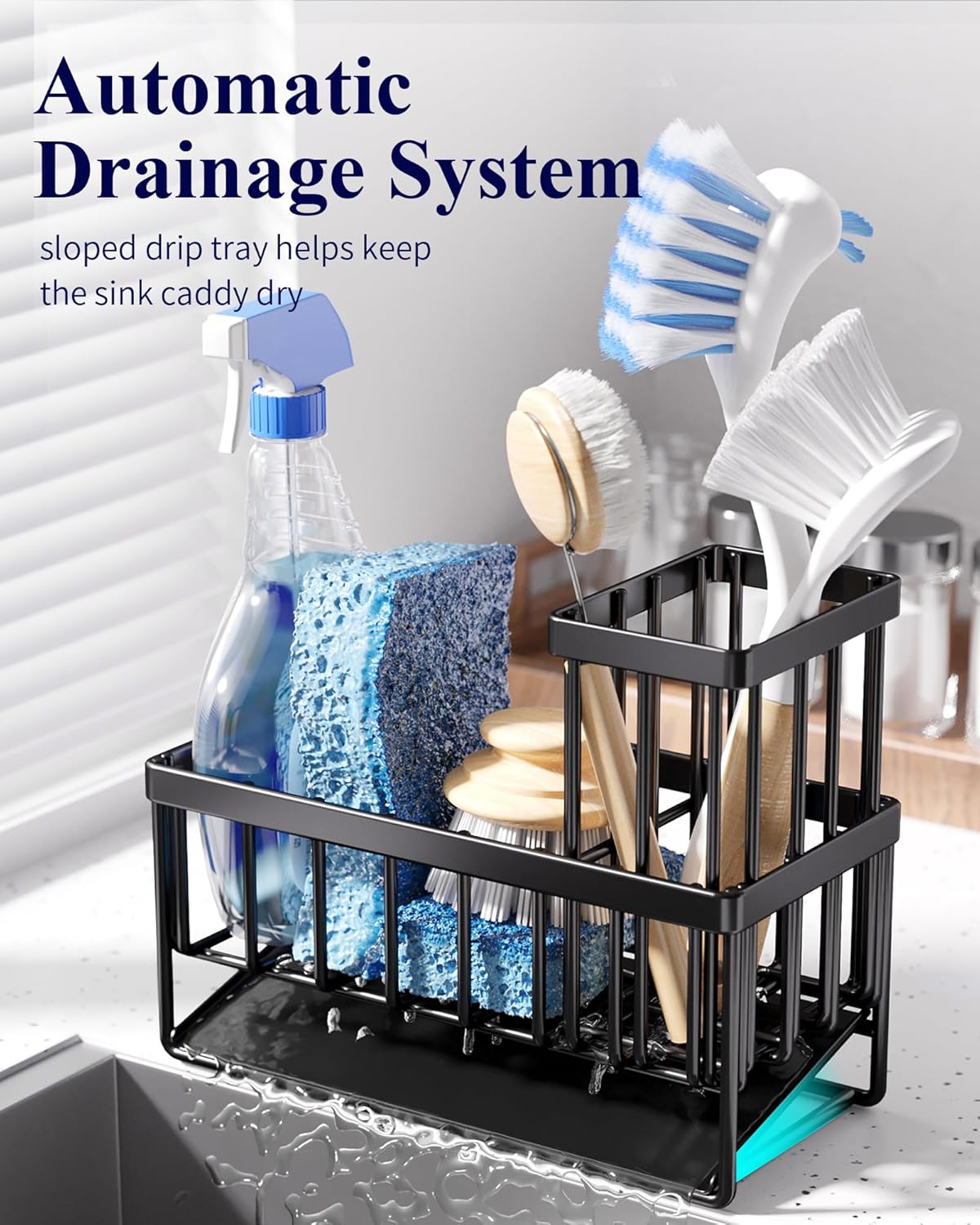 Kitsure Sponge Holder - Rustproof Stainless Steel Sink Caddy for Kitchen Organization | 7.9" x 3.7" x 6.2", Black