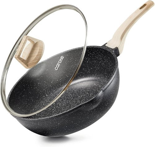 CAROTE Nonstick Deep Frying Pan - Jumbo 10/12/12.5 Inch Skillet with Lid & Pour Spout | PFOA Free Classic Granite