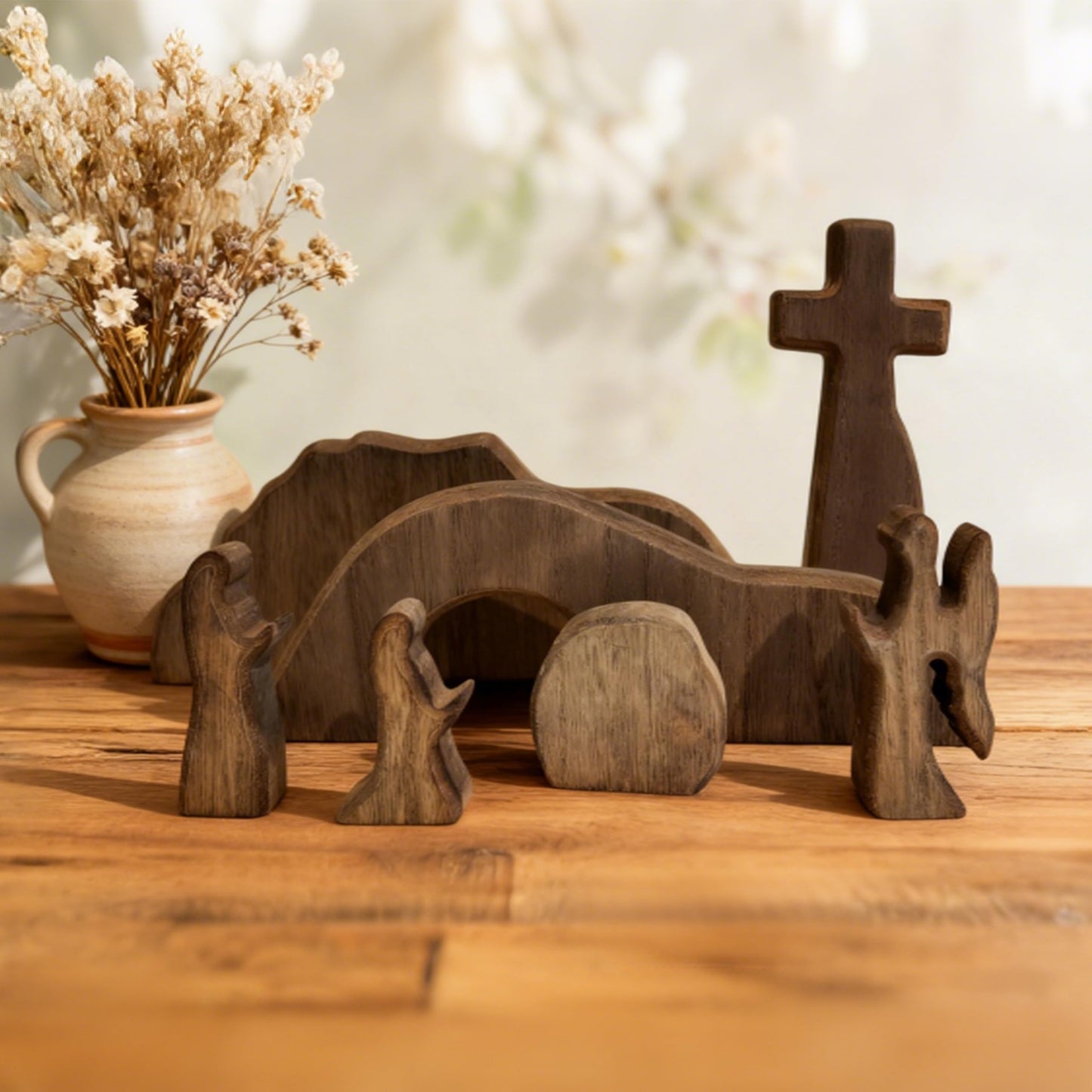 FESTGLOX Empty Tomb Easter Scene for Christian Decoration, Wooden Easter Resurrection Scene with Cross for Religious Display, Nativity Jesus Tomb Set for Home Office Tabletop Tray, Shelf Decor
