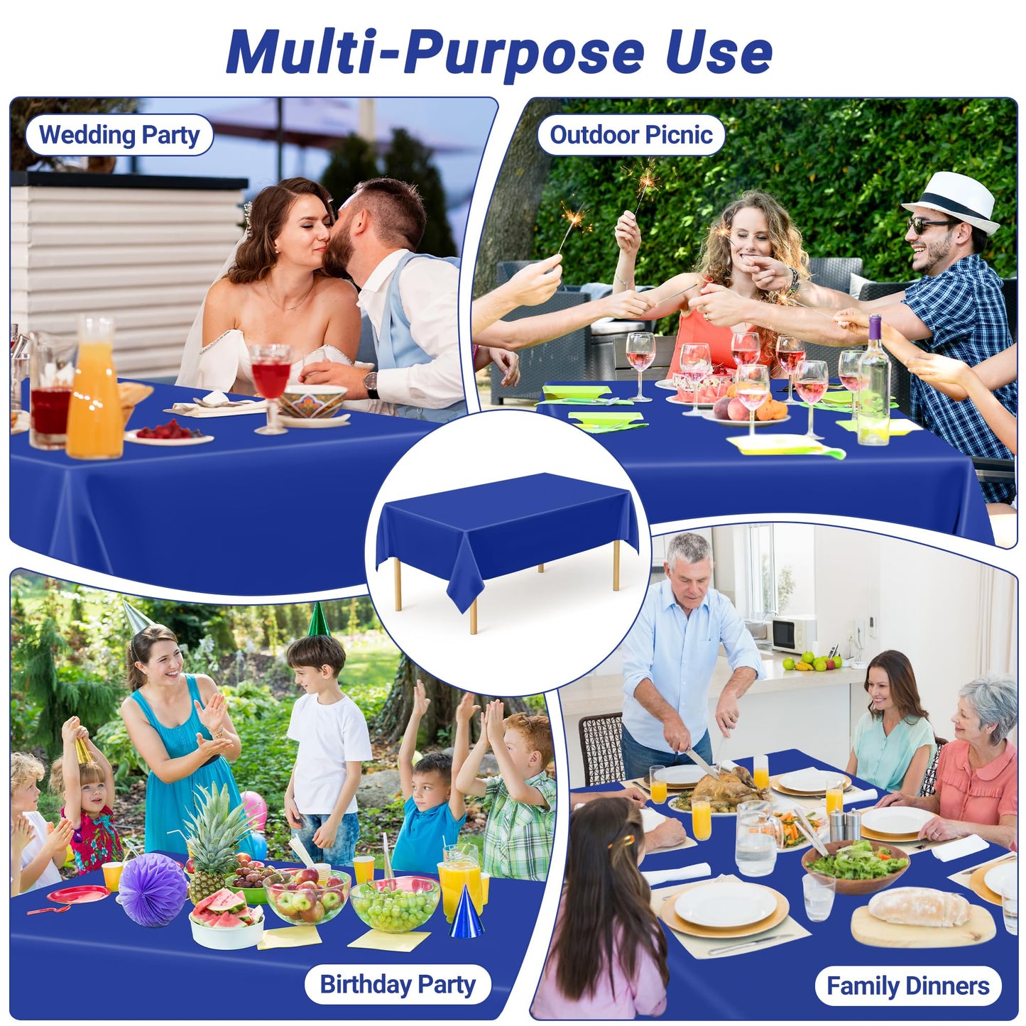 QZYL 2 Pack Picnic Table Cover, 108 x 54 Inches Blue Plastic Tablecloth, Disposable Tablecover Blue Tablecloth for Rectangle Table, Waterproof Party Supplies for Birthday Wedding Gathering