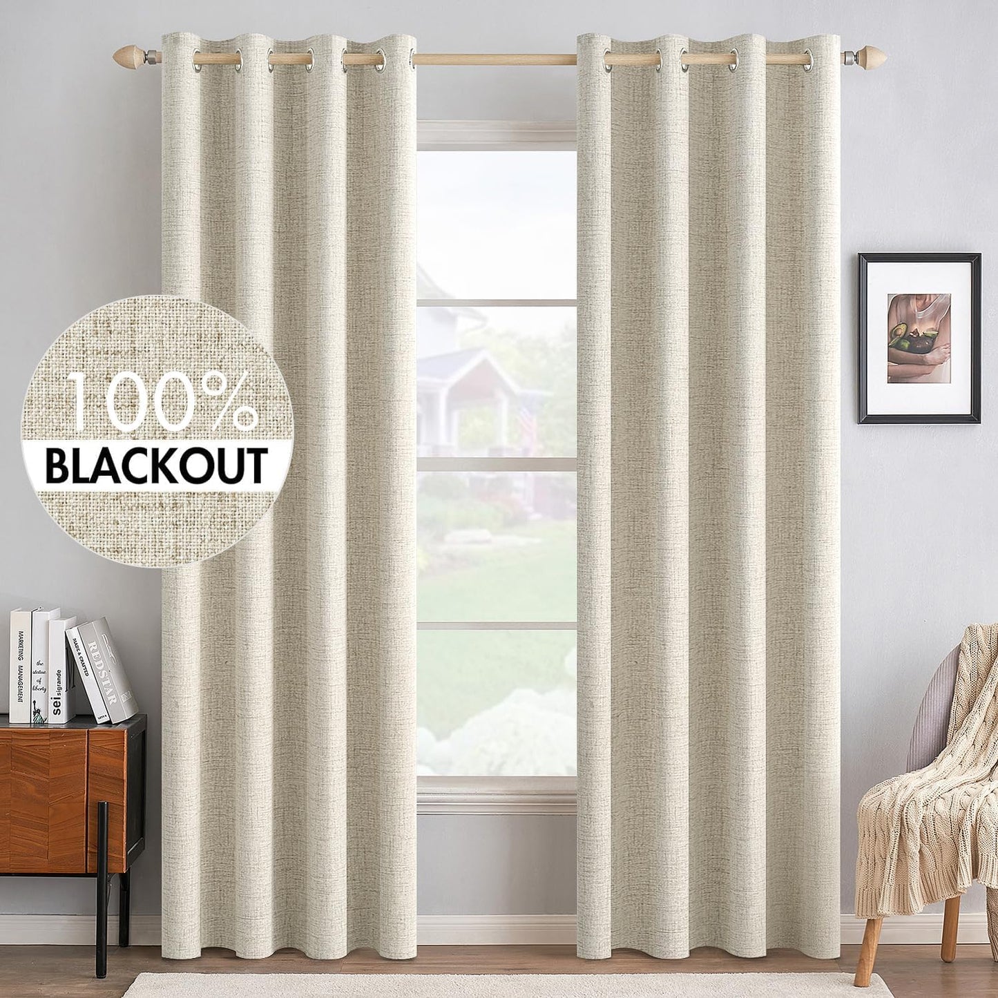 MIULEE 100% Blackout Linen Textured Curtains - Thermal Insulated Cream Drapes for Bedroom | 52 x 72 Inch (2 Panels)
