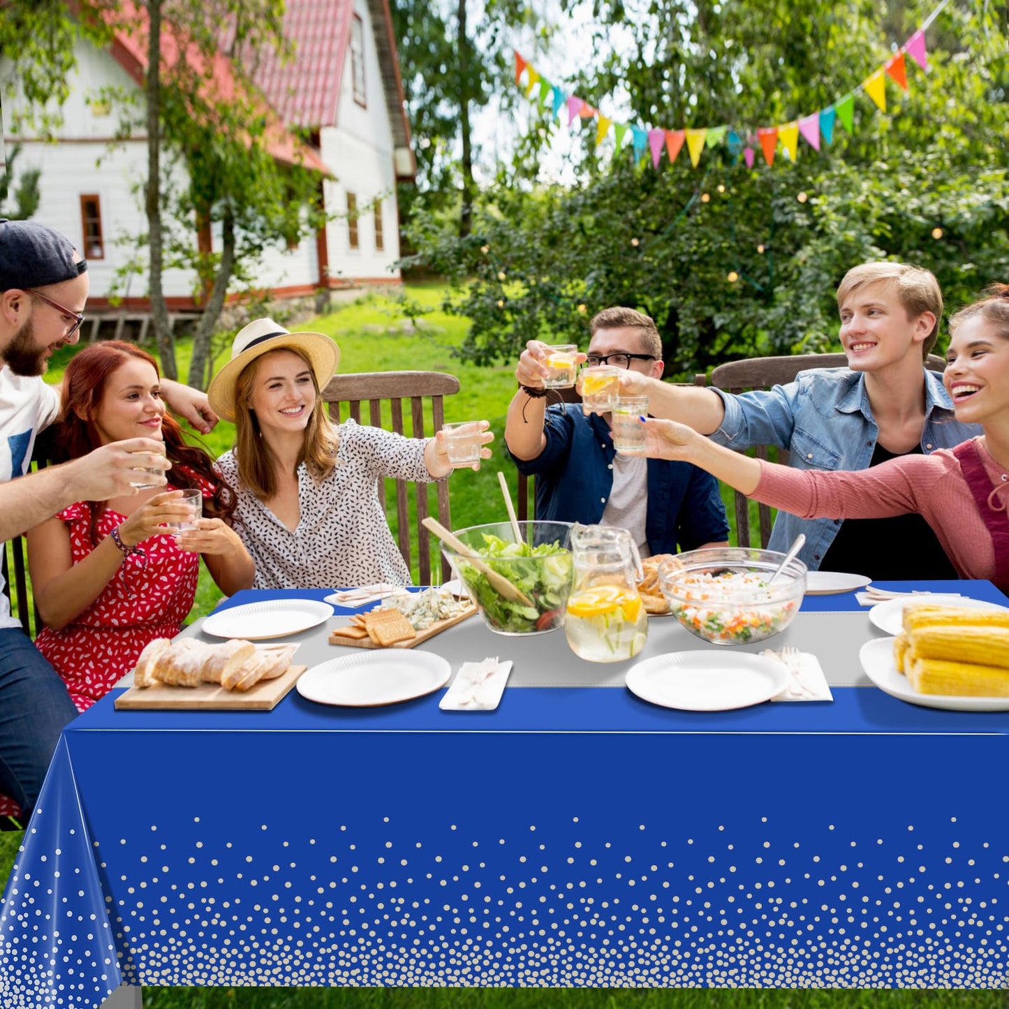3Pcs Blue and Silver Tablecloth Party Decorations,Plastic Royal Blue Table Cloth Printed Silver Table Runner Disposable Rectangle Tables Cover for Anniversary Wedding Graduation 2025 Party,54x108 Inch