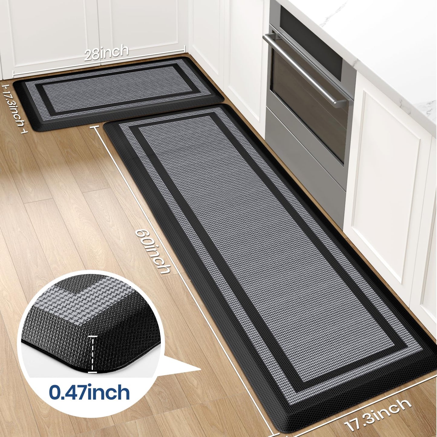 KitchenClouds [2 PCS] Kitchen Rugs Cushioned Anti-Fatigue Kitchen Mats for Floor Waterproof Kitchen Rug Set Non-Slip Comfort Standing Mat for Office, Sink, Laundry 17.3"×28"+17.3"×60",Black