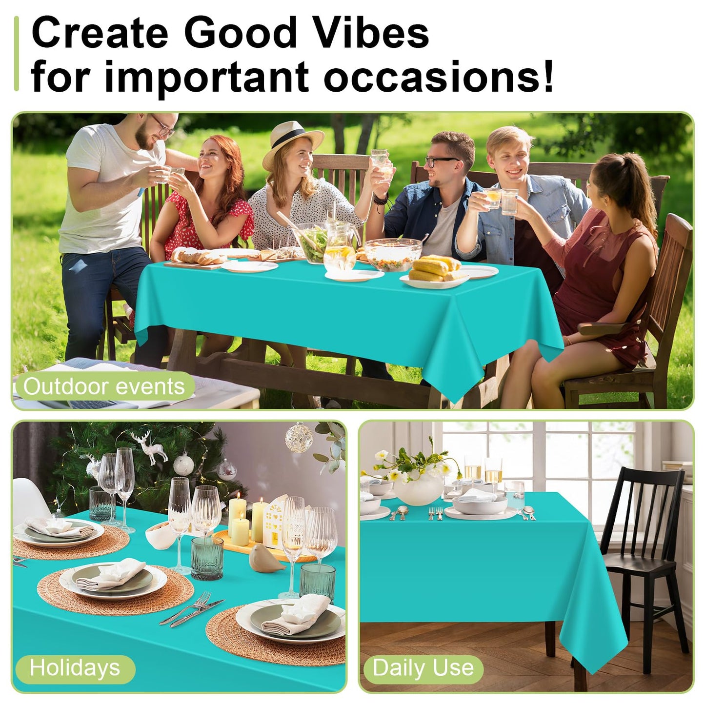 QIKSION Teal Plastic Table Cloth Disposable 3 Pack, 54 x 108 Inch Tablecloths for Easter Party, Summer, Turquoise Rectangle Table Cover