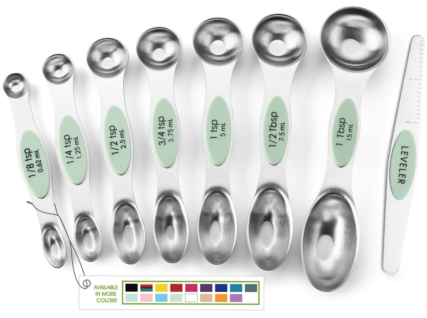 Spring Chef Magnetic Measuring Spoons Set, Dual Sided, Stainless Steel, Fits in Spice Jars, Pistachio, Set of 8, 2 Pack