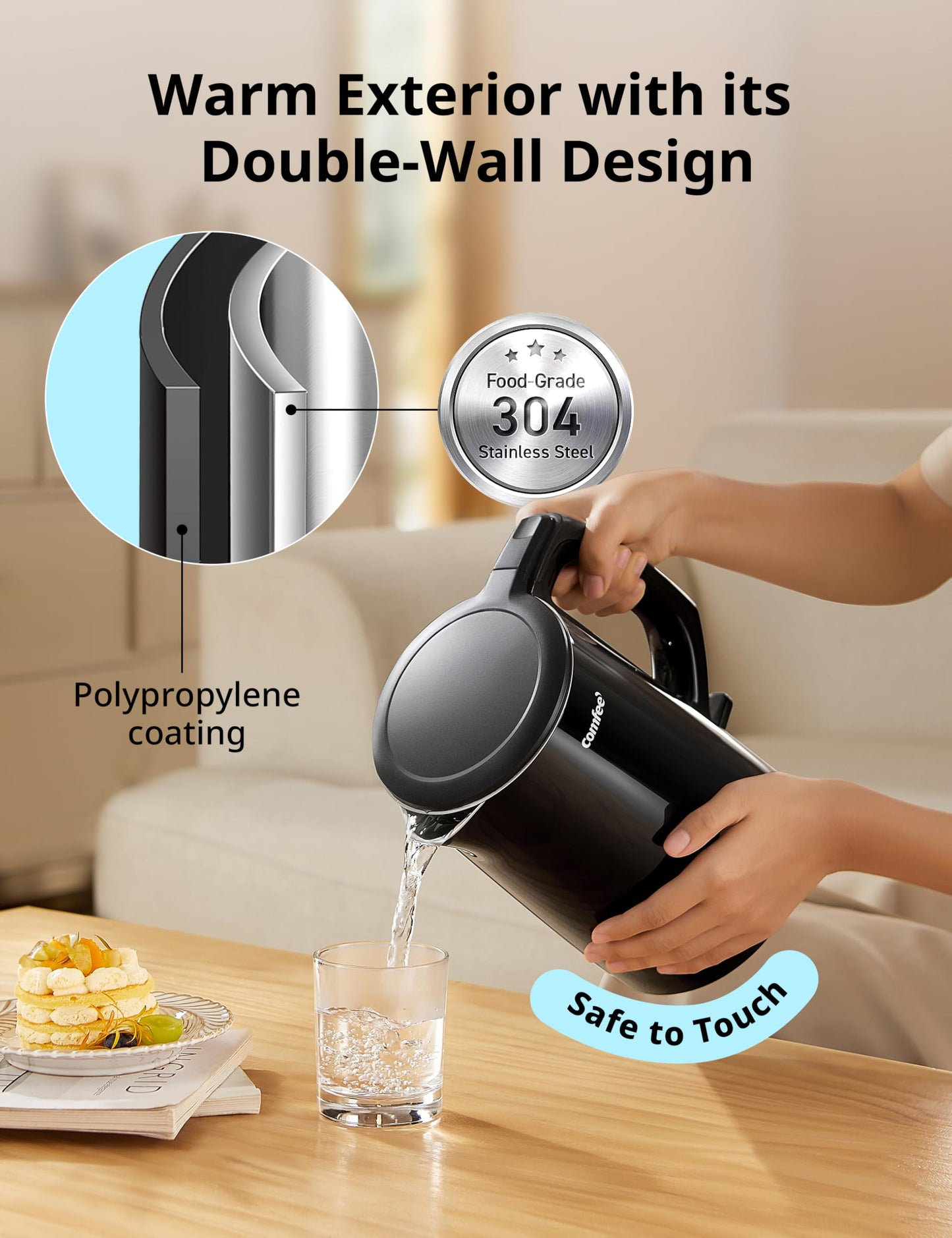 COMFEE' Electric Kettle and Tea Kettle, 1.5L Double Wall, Stainless Steel Interior, Lid & Spout, Fast Boil, Auto-Off, and Boil-Dry Protection, 1500W