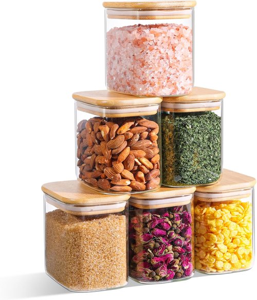 ComSaf 0.7 Qt Rectangle Glass Storage Containers - Clear Glass Jars with Bamboo Lids for Pantry Organization