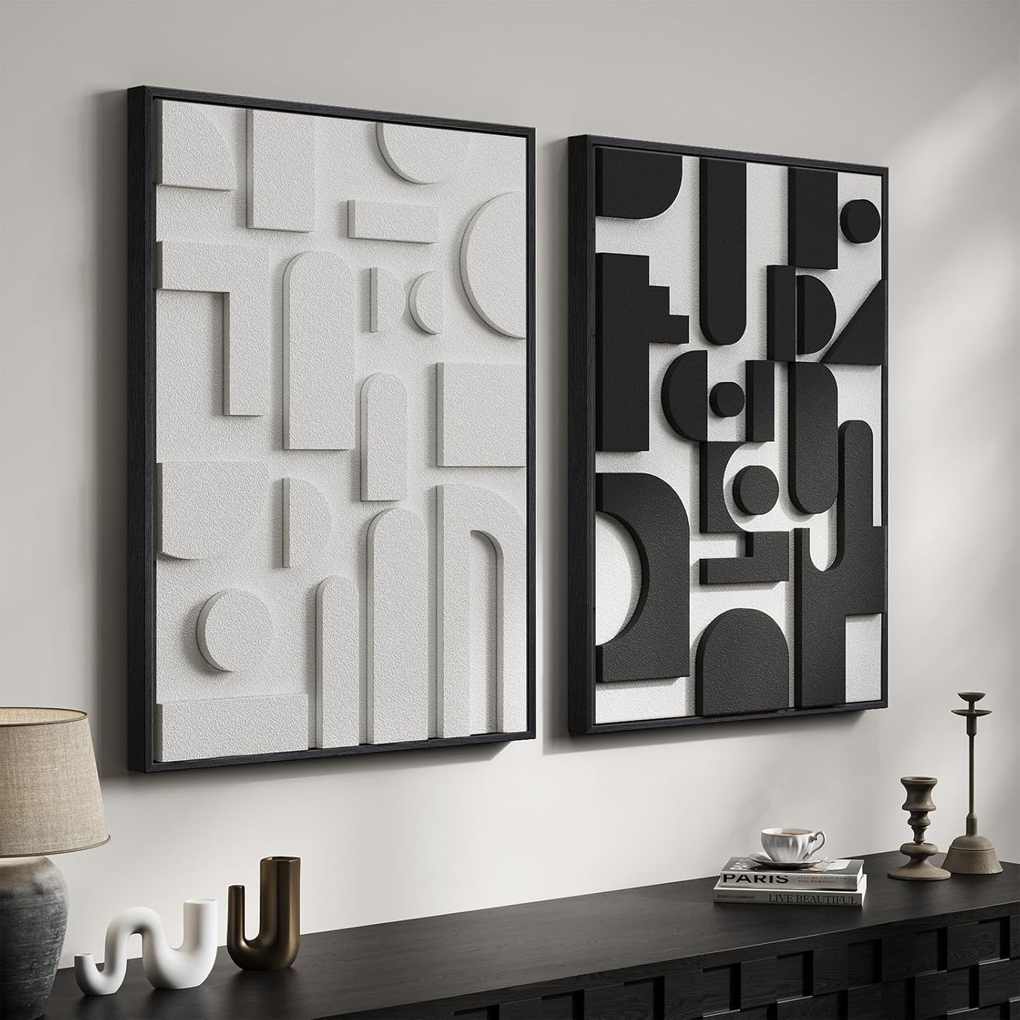 Skiennix 3D Textured Black and White Abstract Wall Art - Set of 2 Modern Paintings for Living Room | 24x36 In