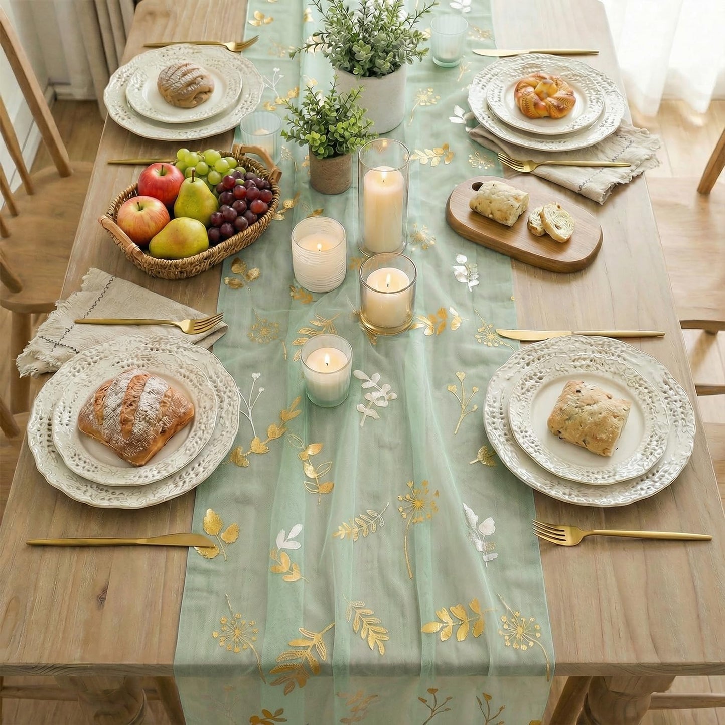 Artoid Mode Gold Floral Leaves Gauze Table Runner 10FT, Glitter Metallic Foil Sheer Dining Wedding Anniversary Birthday Table Decor for Home Party,Sage Green