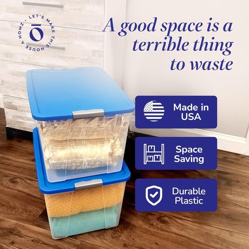 HOMZ Clear Plastic Storage Organizer Bins - 64 Quart Stackable Containers with Secure Latch & Blue Lid