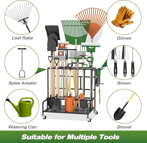 Garden Tool Organizer Rack - Heavy-Duty Steel Storage for Up to 39 Tools | Includes 12 Hooks & Wheels, Black