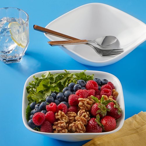 Corelle Vitrelle 2-PC Large Glass Serving Bowl Set - Crack & Chip Resistant, White Square Design