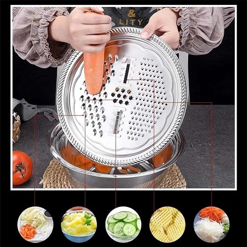 Germany Multifunctional Stainless Steel Basin - 3-in-1 Vegetable Cutter, Slicer & Strainer (10.2")