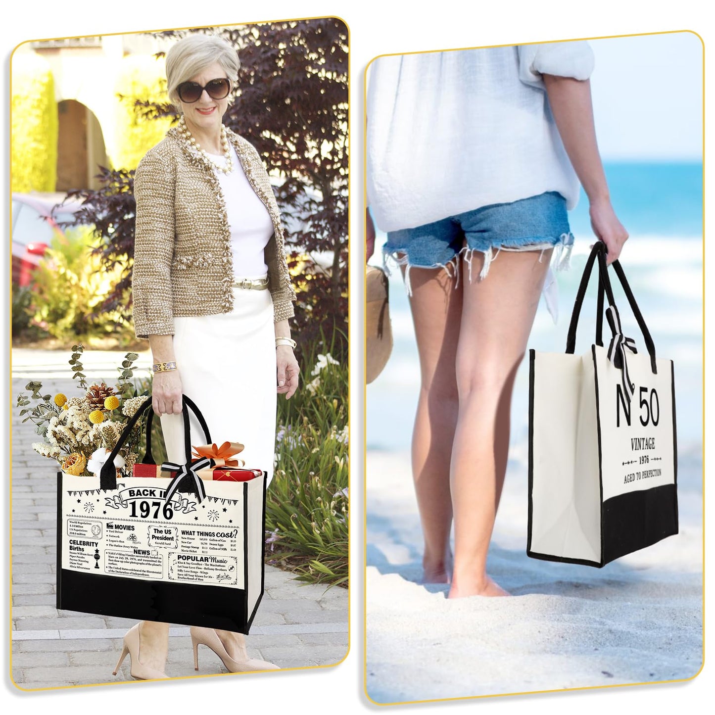 YeohJoy 50th Birthday Gifts for Women Canvas Tote Bag Travel Gear, Unique 50 Years Old Gifts for Wife Sister Mom Aunt Friends Her, Vintage N°50 Beach Bag & Cosmetic Bag & Back in 1976 Poster