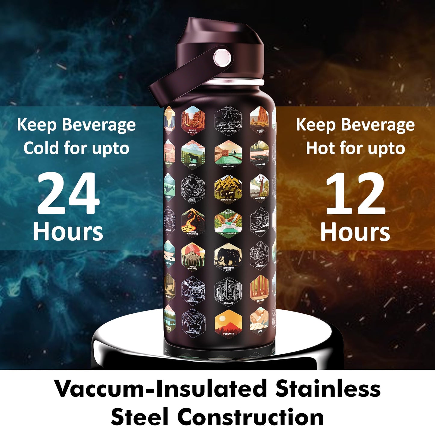 National Parks Water Bottle With 63 Stickers & Straw Cleaner Brush | 32 Oz Insulated Stainless Steel, BPA-Free, And Leak-proof Bottle For Hiking, Camping & Travel | Gift-ready Box (BLACK)