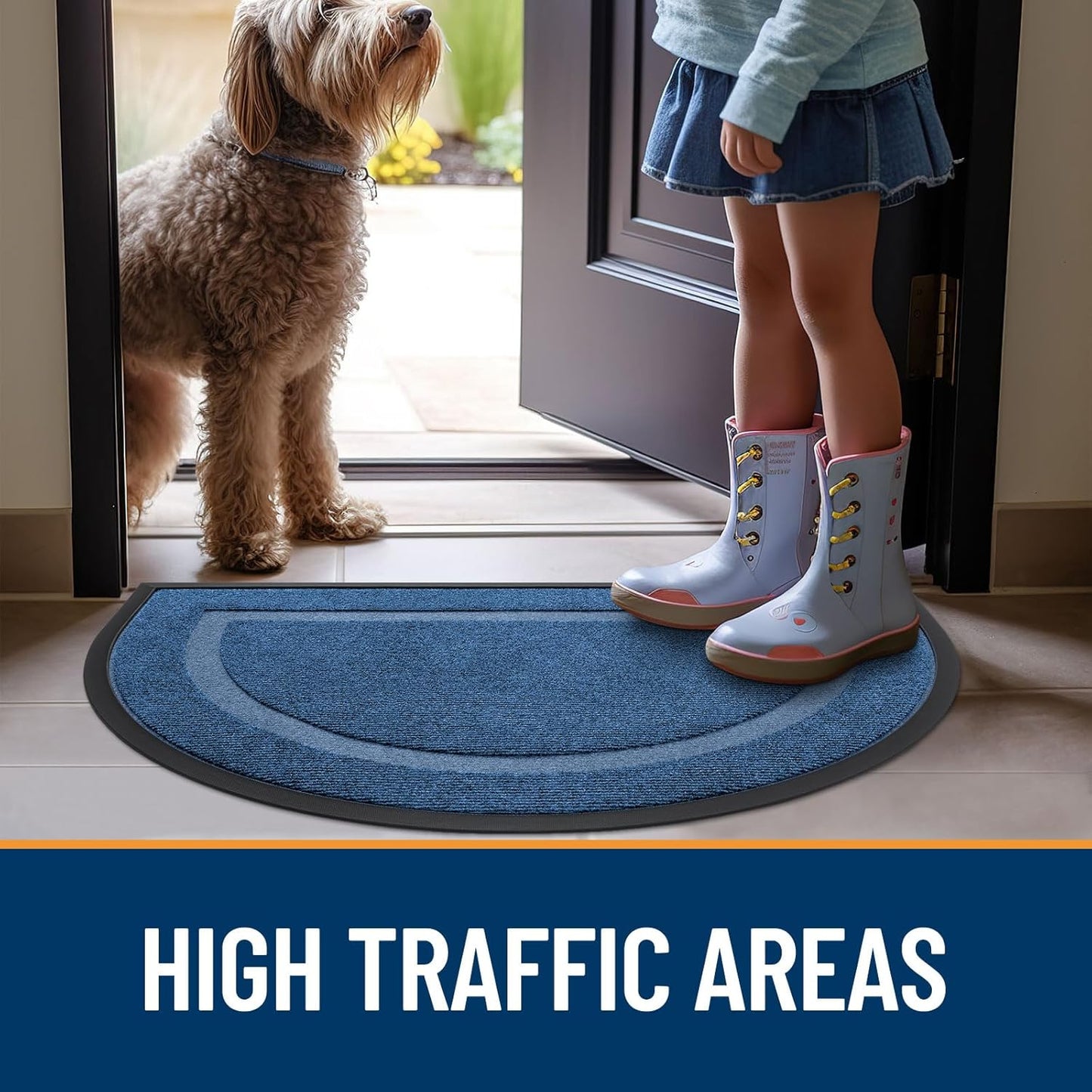 OLANLY Half Circle Door Mat - Waterproof All-Season Welcome Mat | Sturdy Natural Rubber, 47x32, Light Blue