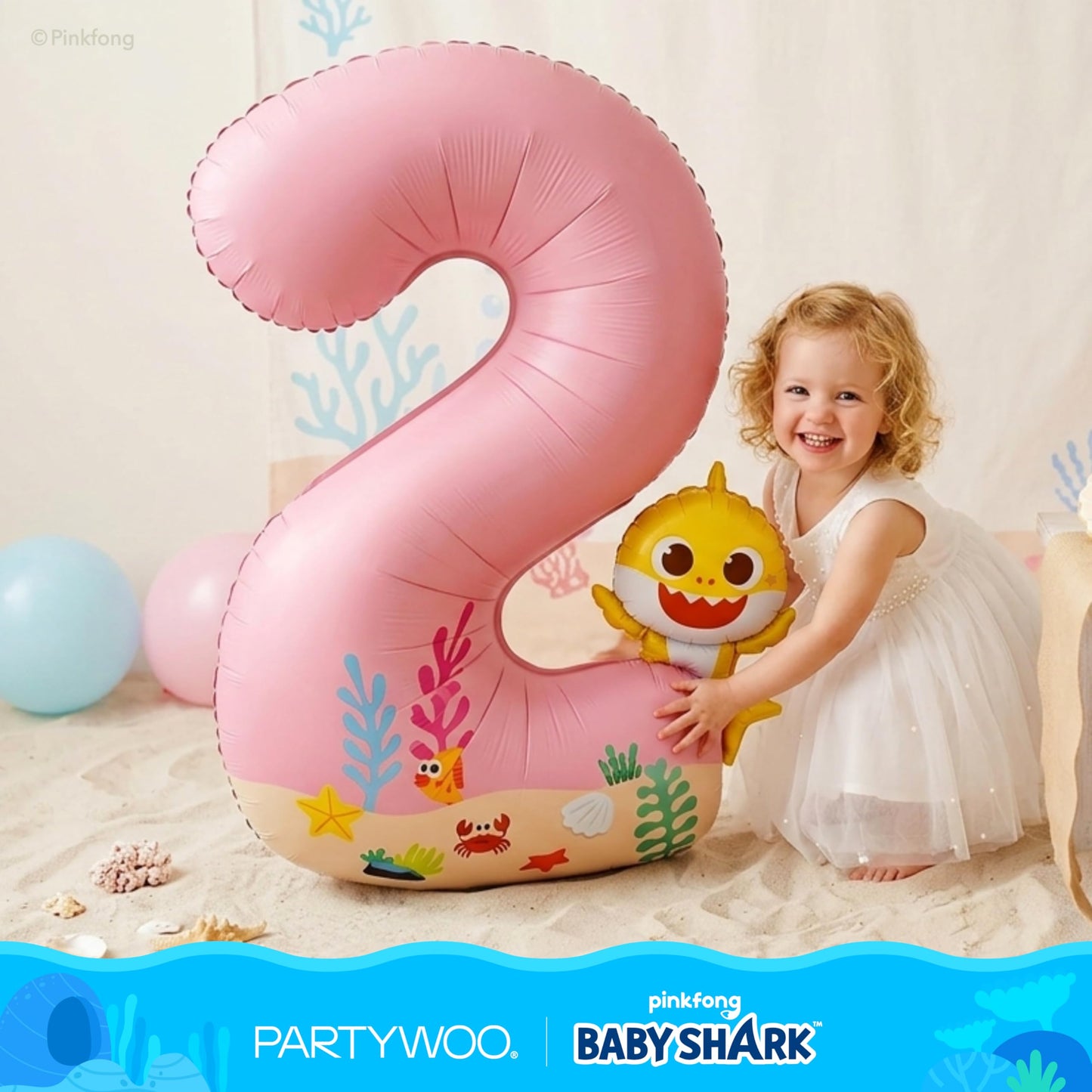 PartyWoo Baby Shark Pink Foil Number 2 Balloon 40 Inch Pink Mylar Helium Birthday Number Balloons for Girls and Boys Baby Shark Under the Sea Ocean Theme Kids Second Birthday Party Decorations