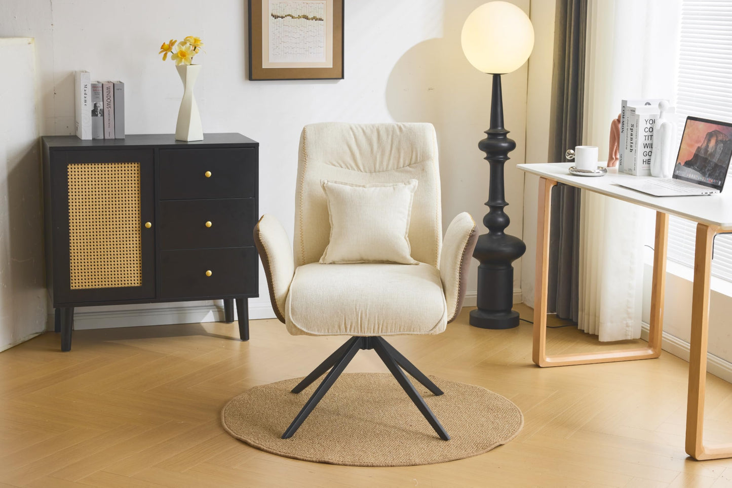 VINGLI Beige Chenille Office Desk Chair No Wheels,Comfy Modern Swivel Padded Arm Chair with Back&Lumbar Pillow,for Home,Makeup Vanity,Computer,Task,Nail Tech,Sewing,Dining,Bedroom,Living Room