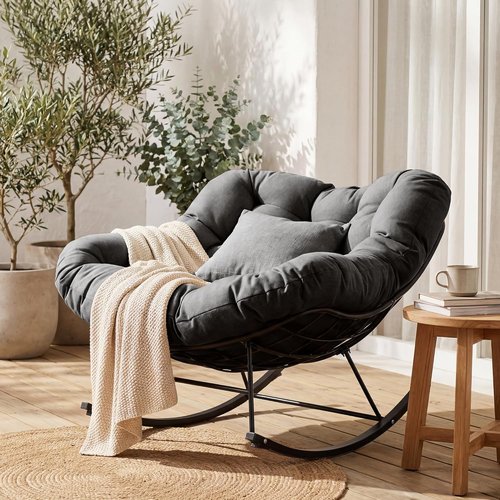 JEAREY Oversized Outdoor Papasan Rocking Chair - Comfy Egg Chair for Patio, Garden & Living Room - Grey