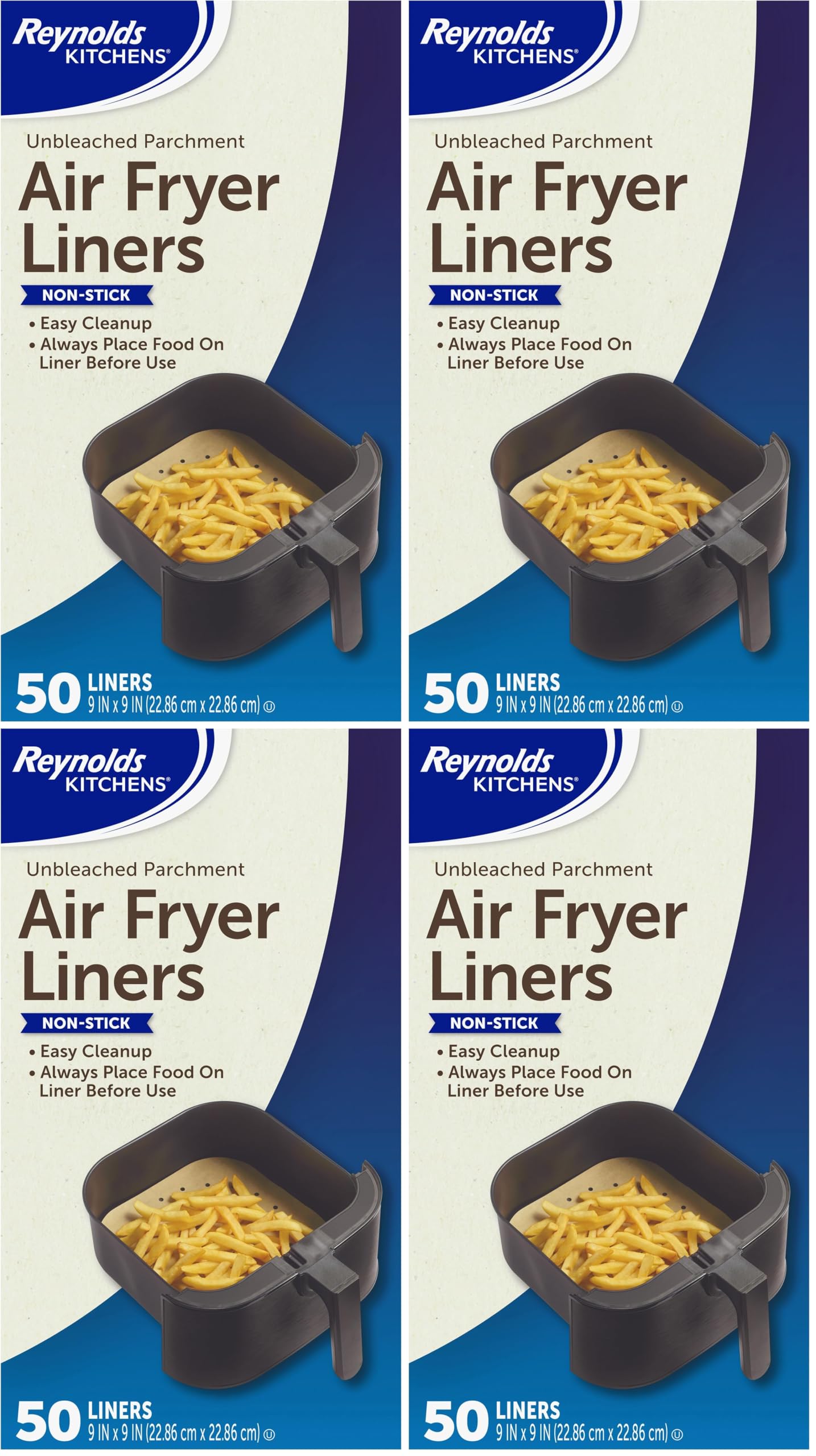 Reynolds Kitchens Air Fryer Liners Disposable, Unbleached Parchment Paper Sheets, 50 Count (Pack of 4)