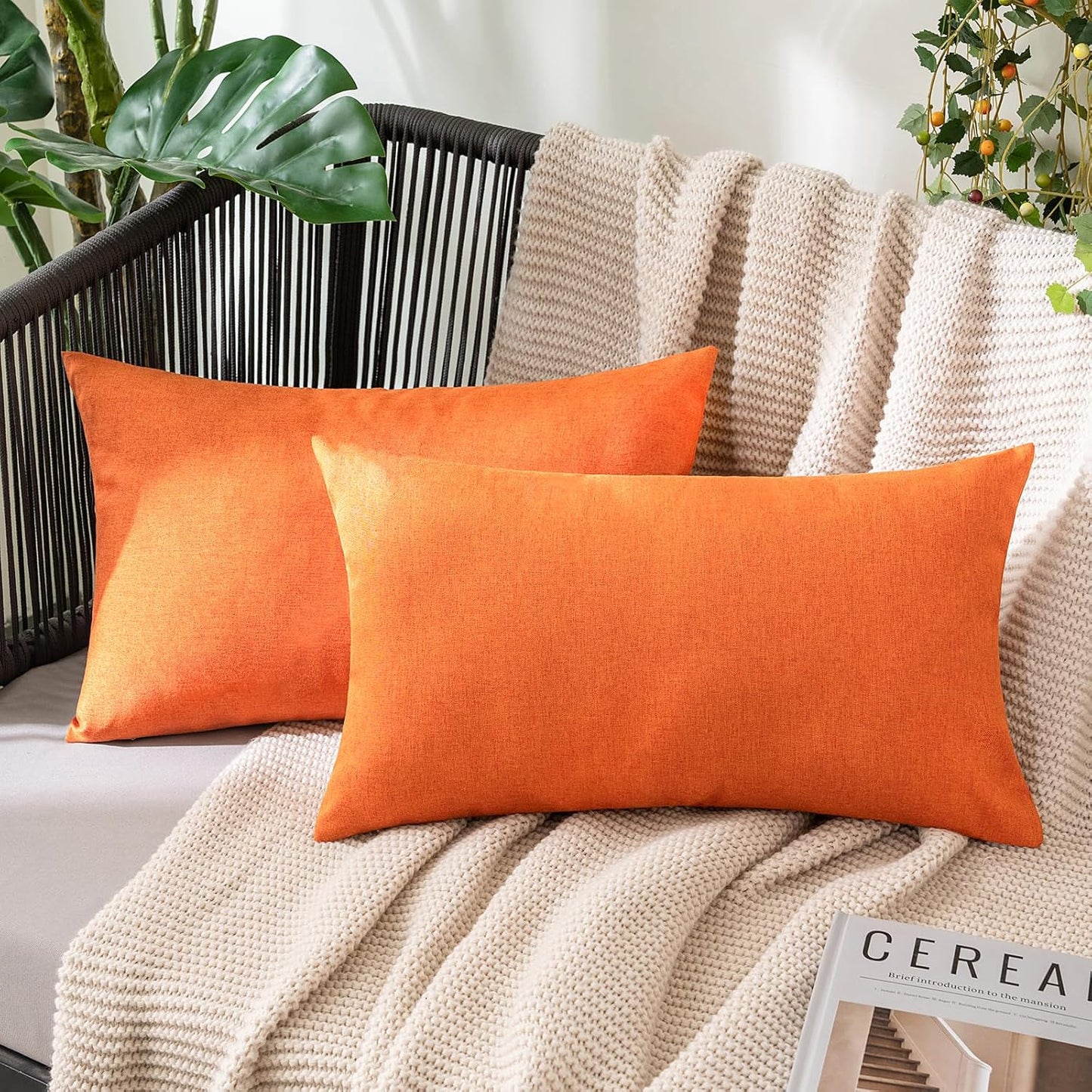 MIULEE Decorative Outdoor Throw Pillow Covers - Waterproof Faux Linen Cushion Cases | 20x12 Inch Bright Orange (Pack of 2)