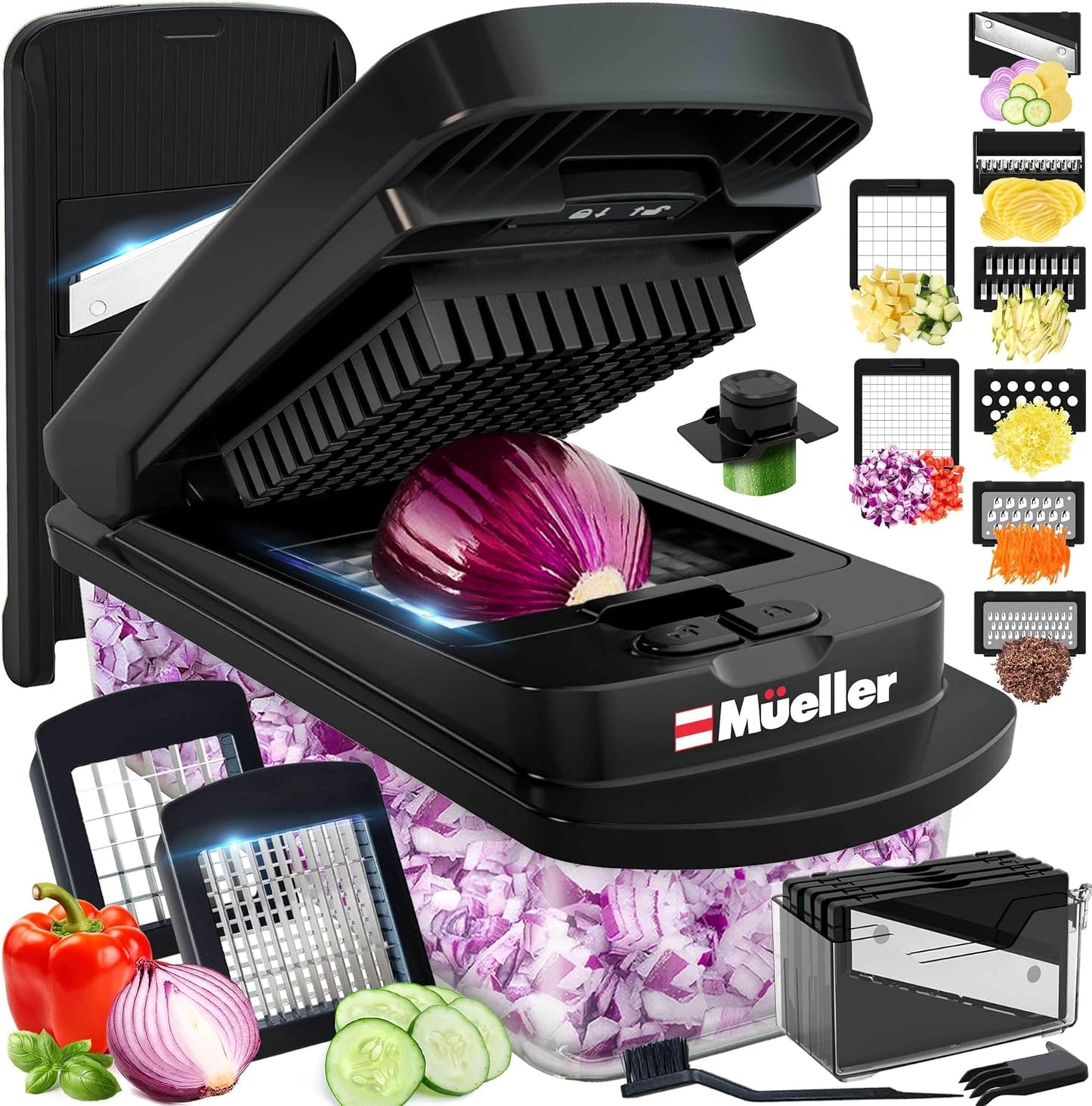 Mueller Pro-Series Vegetable Chopper - 10-in-1 Mandoline Slicer & Onion Mincer | Black Kitchen Essential