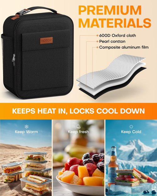 HOTOR Lunch Bag for Men & Women - Large Capacity Insulated Lunch Bag with Mutiple Pockets, Wear-Resistant Cooler Lunch Box for Office, Picnic, Black, 7L, 9.06" x 4.33" x 10.63"