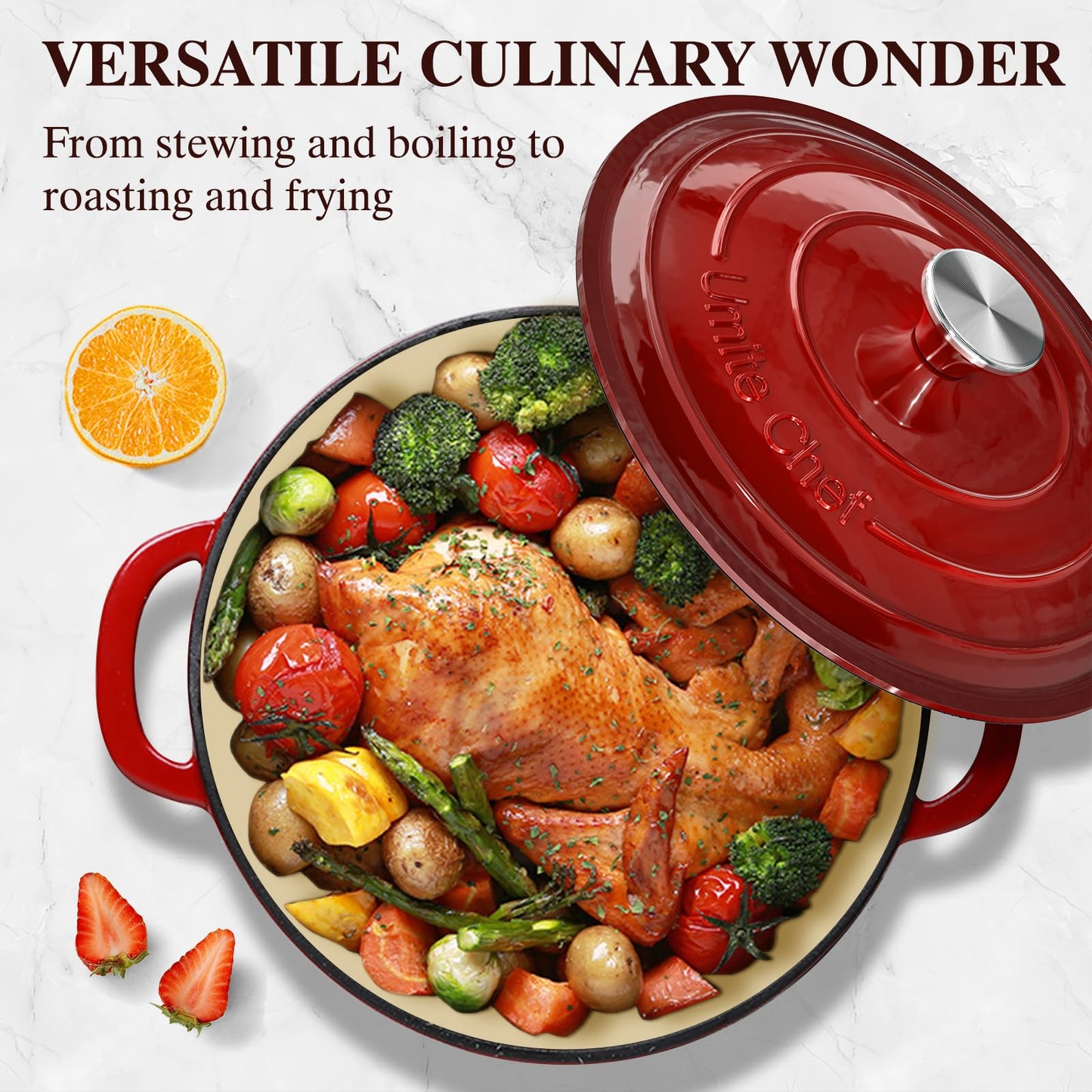 Umite Chef 7QT Enameled Cast Iron Dutch Oven with Lid & Cotton Potholders–Heavy-Duty Cookware for Bread Baking, Braising, Stews, Marinate, Cook(Red)