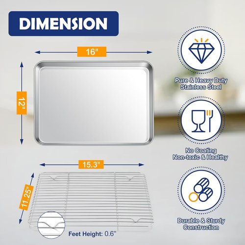 Joyfair Stainless Steel Baking Sheet Pan Set - 16 Inch Toaster Oven Tray & Cooling Rack, Rust-Free & Dishwasher Safe