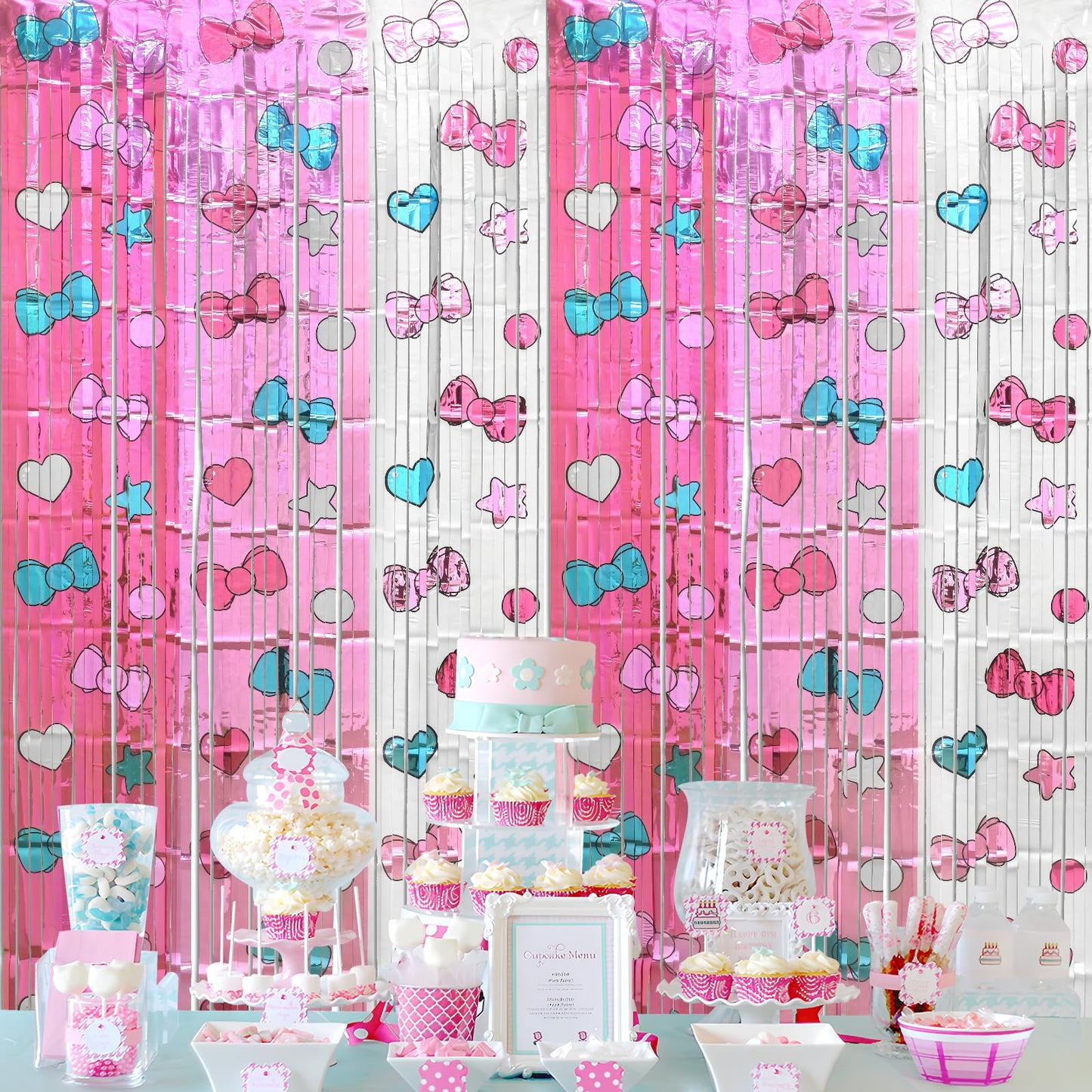 Bupelo Kawaii Birthday Decorations, 2 Pack Cartoon Cat Theme Party Supplies, 3.3 x 6.6ft Tinsel Foil Fringe Curtains, Bow Photo Booth Props, Backdrop Streamers, Perfect Room & Doorway Decor for Girls