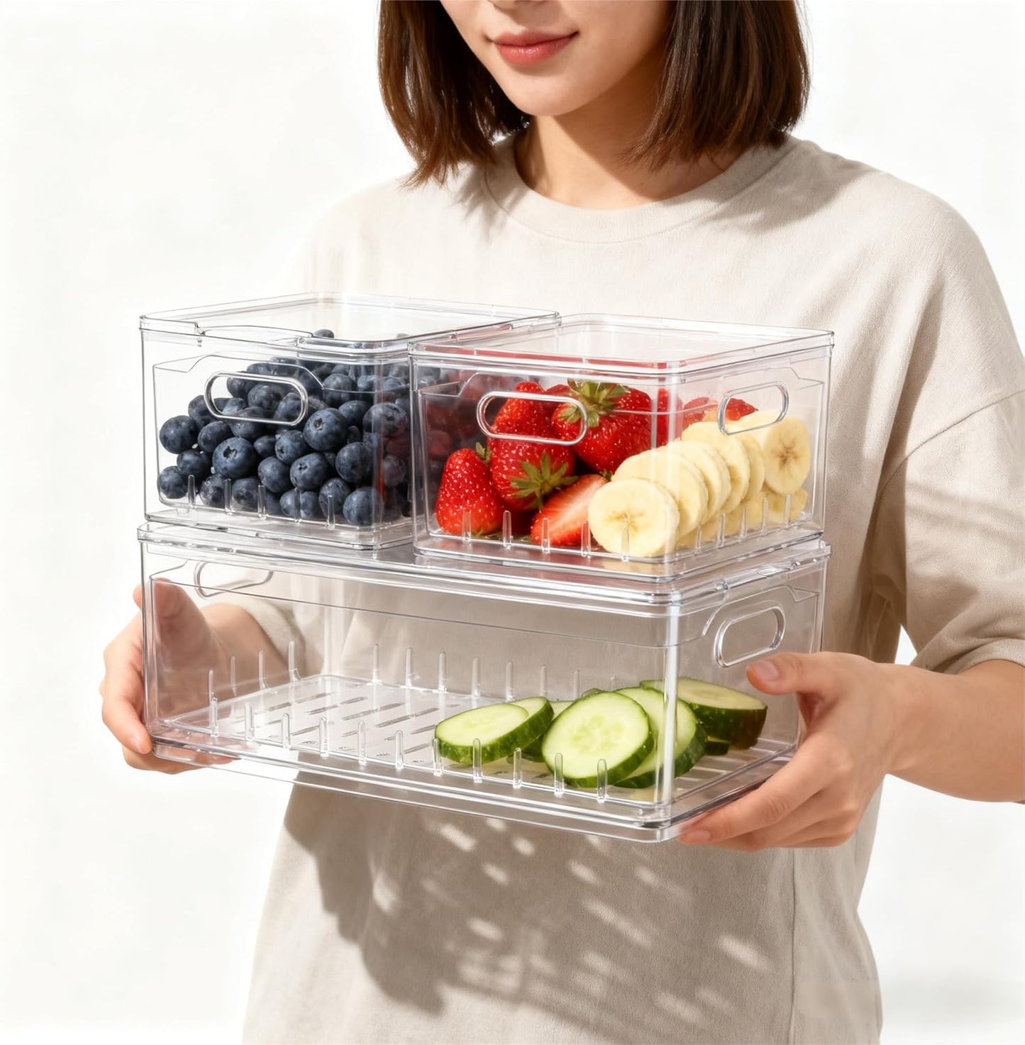 Skiennix Transparent PET Fruit Draining Colander - Versatile Food Storage Box | 2 Square Containers