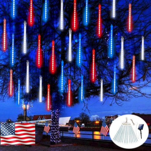4th of July Decorations Outdoor, USA 250th Anniversary Red White and Blue Solar Meteor Shower Lights, 18 Tubes 432 LEDs Waterproof Patriotic String Lights for Independence National Memorial Day Decor