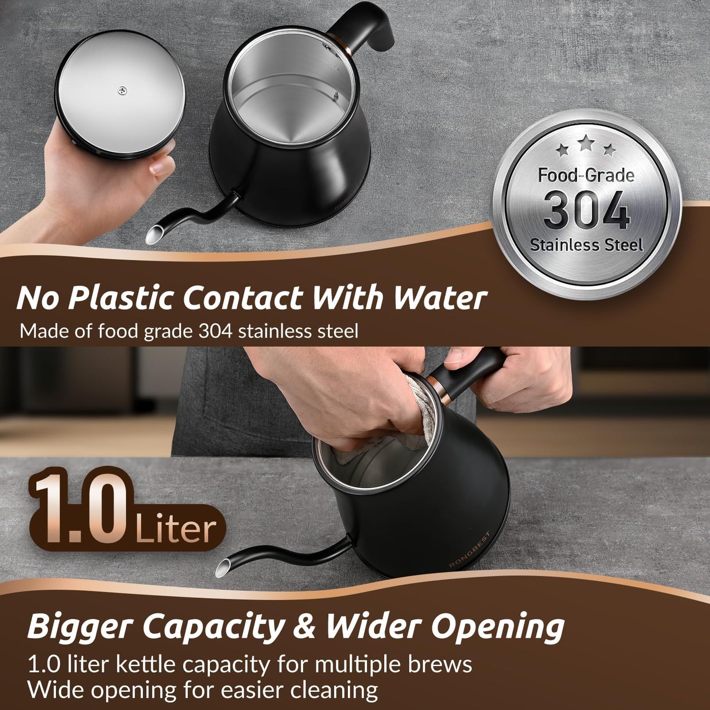 RONGBEST Electric Gooseneck Kettle 1L, 6 Temperature Presets, 1200W Quick Heating Water Pour Over Coffee & Tea Pot with Auto Shut-off & Keep-warm, Stainless Steel Inner & Lid, Matte Black