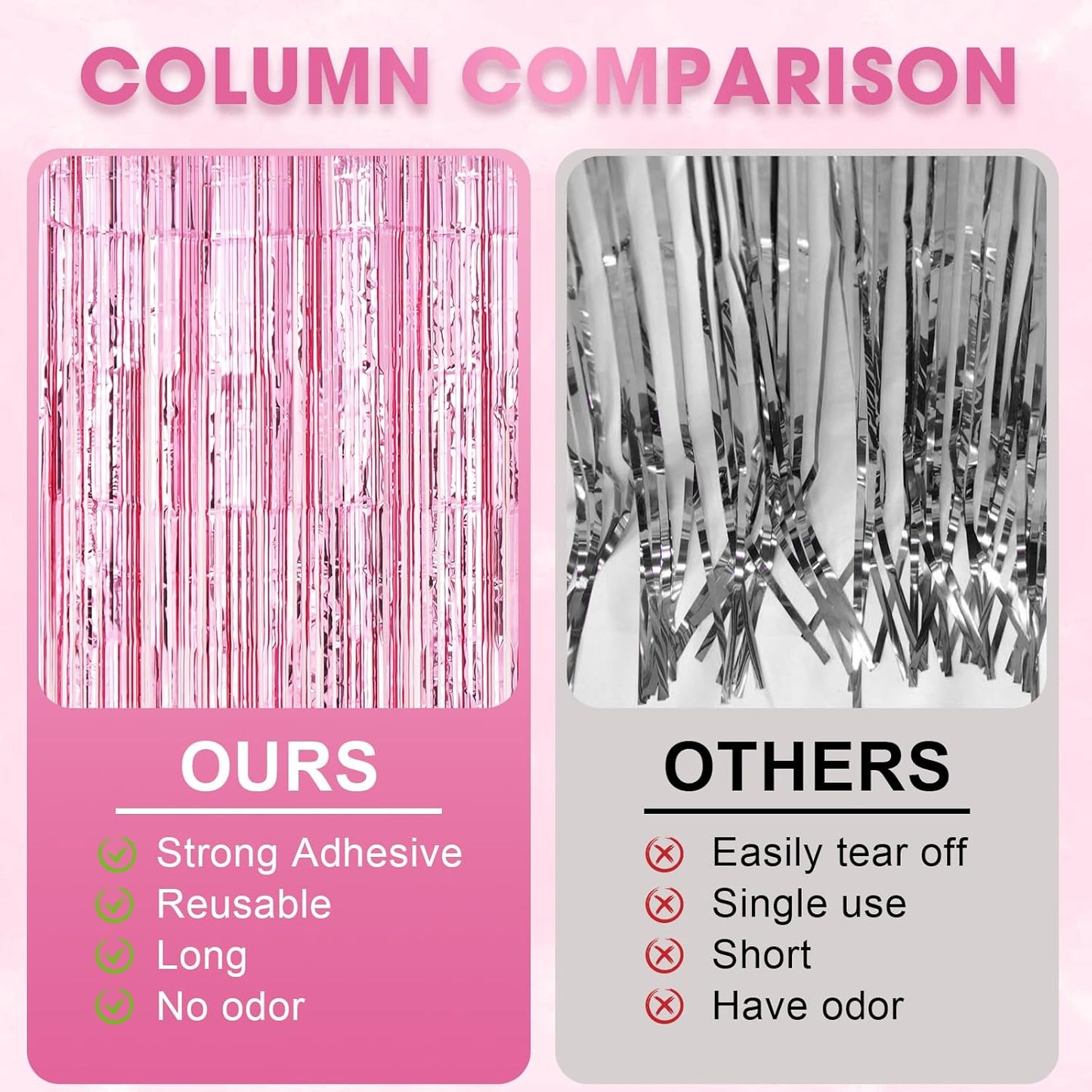 Voircoloria Light Pink Foil Fringe Backdrop Curtains - 3 Pack Tinsel Streamers for Parties & Events