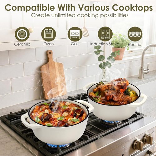 AIVIKI Enameled Cast Iron Dutch Oven - 5QT Heavy-Duty Cookware for Baking & Roasting | Cream White
