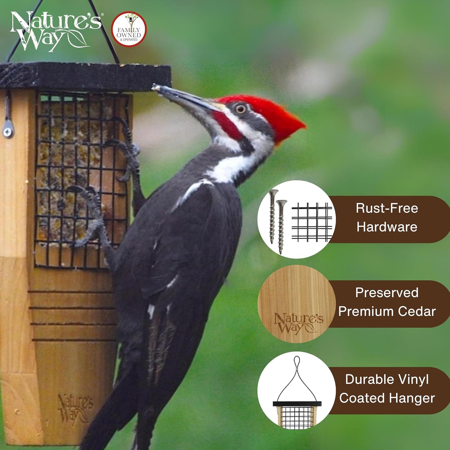 Nature's Way Bird Products Suet Bird Feeder - Tail-Propping Design | 12"H x 7.875"L x 3"W, Brown